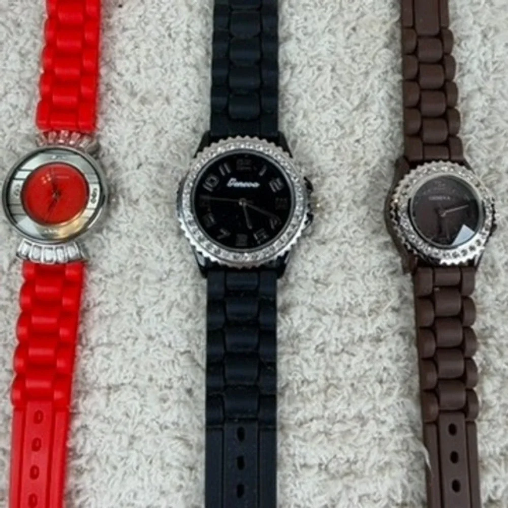 Geneva Women Silicone Band Watch Lot Red Black Brown Rhinestone Bezel 3pc Bundle